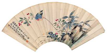 汪溶 沈尹默 壬申（1932年）作 花鸟 书法 扇面